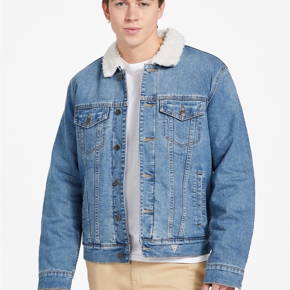 New Guess Blue Denim Jacket Faux Fur SZ XXL